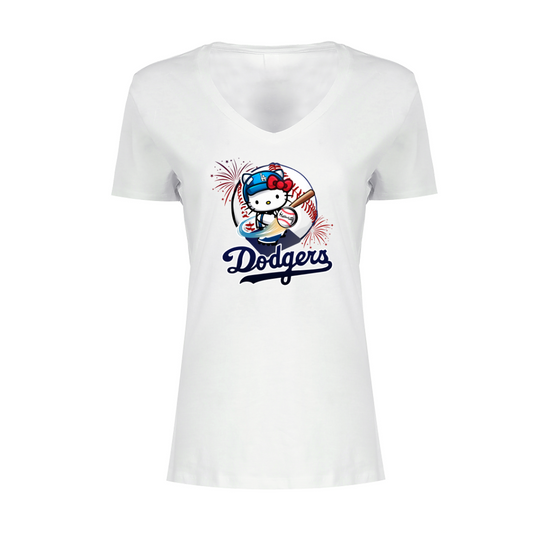 Adult Hello Kitty Dodgers Baseball V Neck Fitted Tshirt